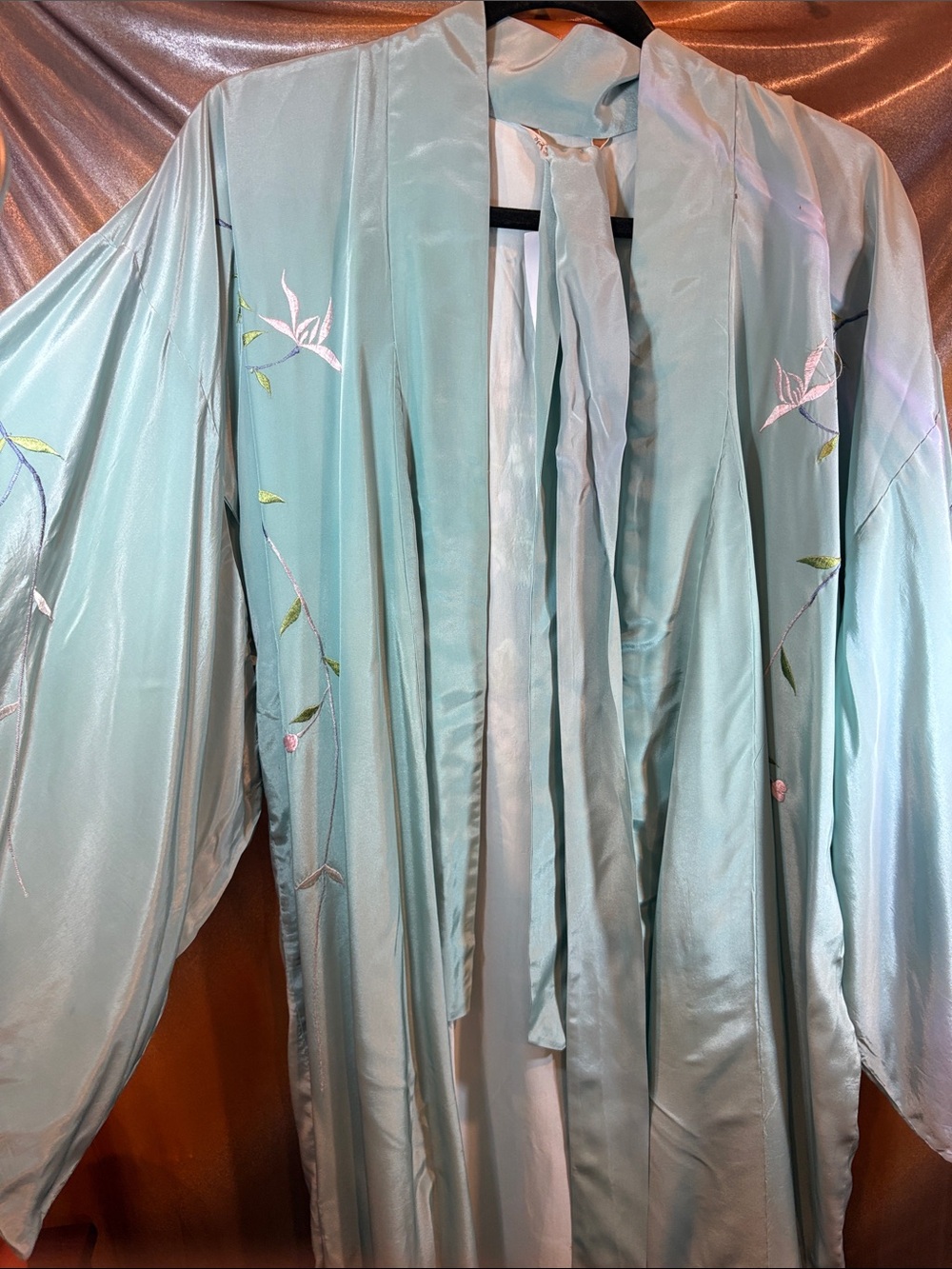 Vintage soft ocean green Silk few tony holes Embroidered Robe in Light Aqua 222